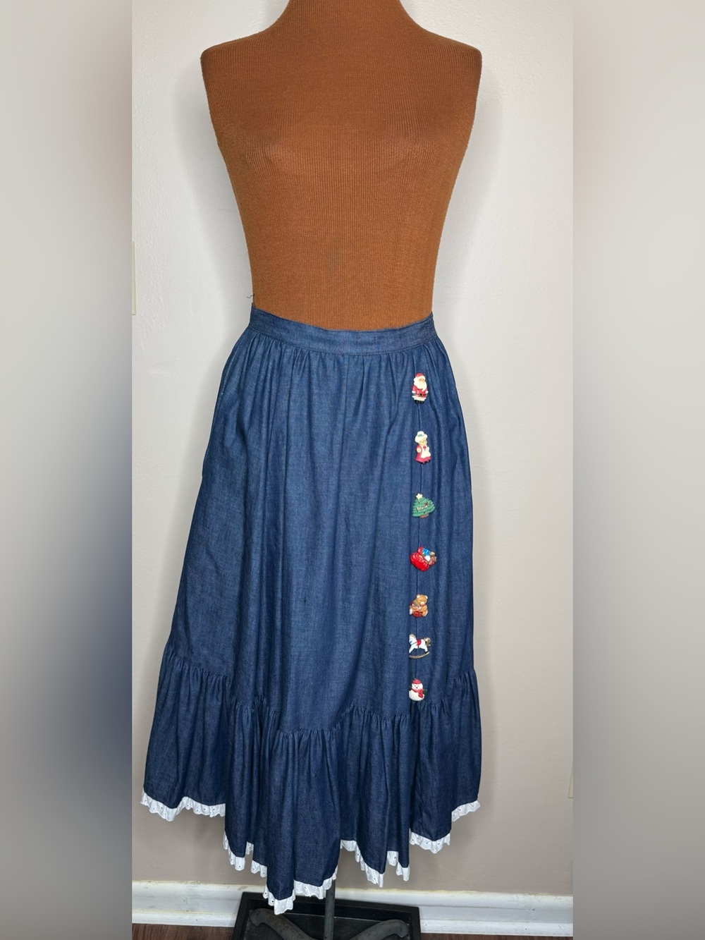 Vintage Blue Denim Maxi Skirt with Christmas Buttons Size Small